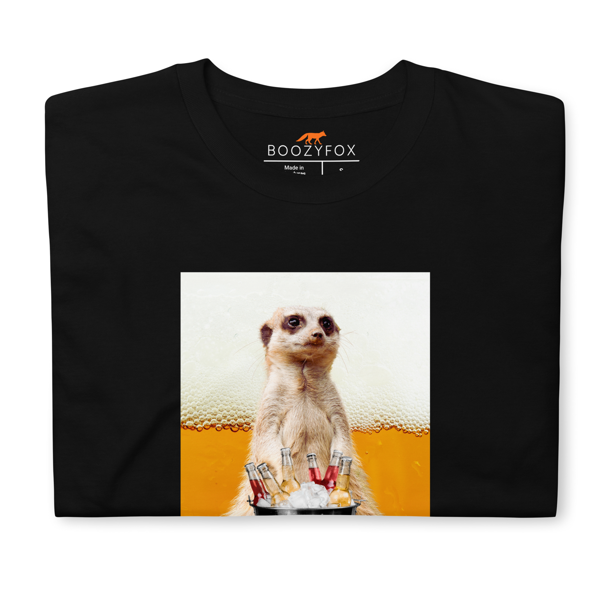 Front details of a Funny Meerkat graphic t-shirt in black by Boozy Fox