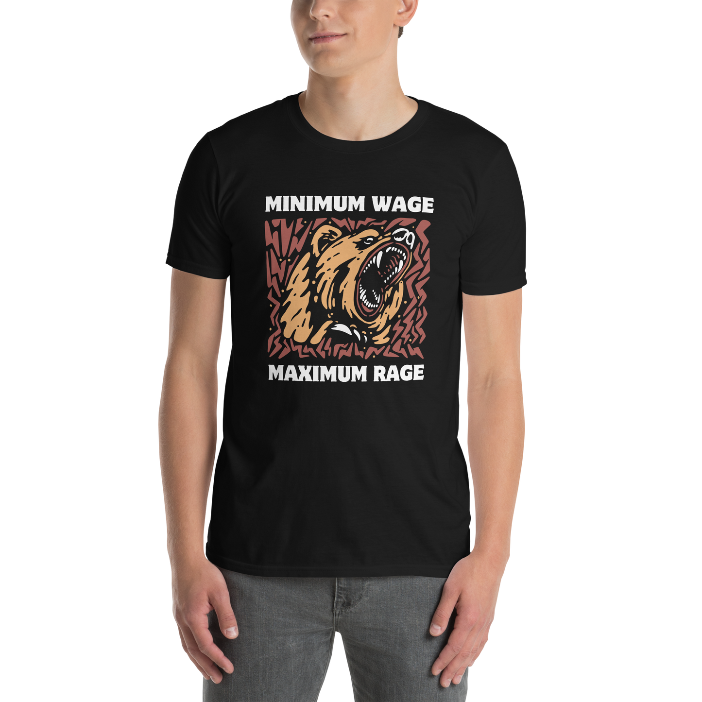 Man wearing a Funny Minimum Wage Maximum Rage Statement graphic t-shirt in black by Boozy Fox