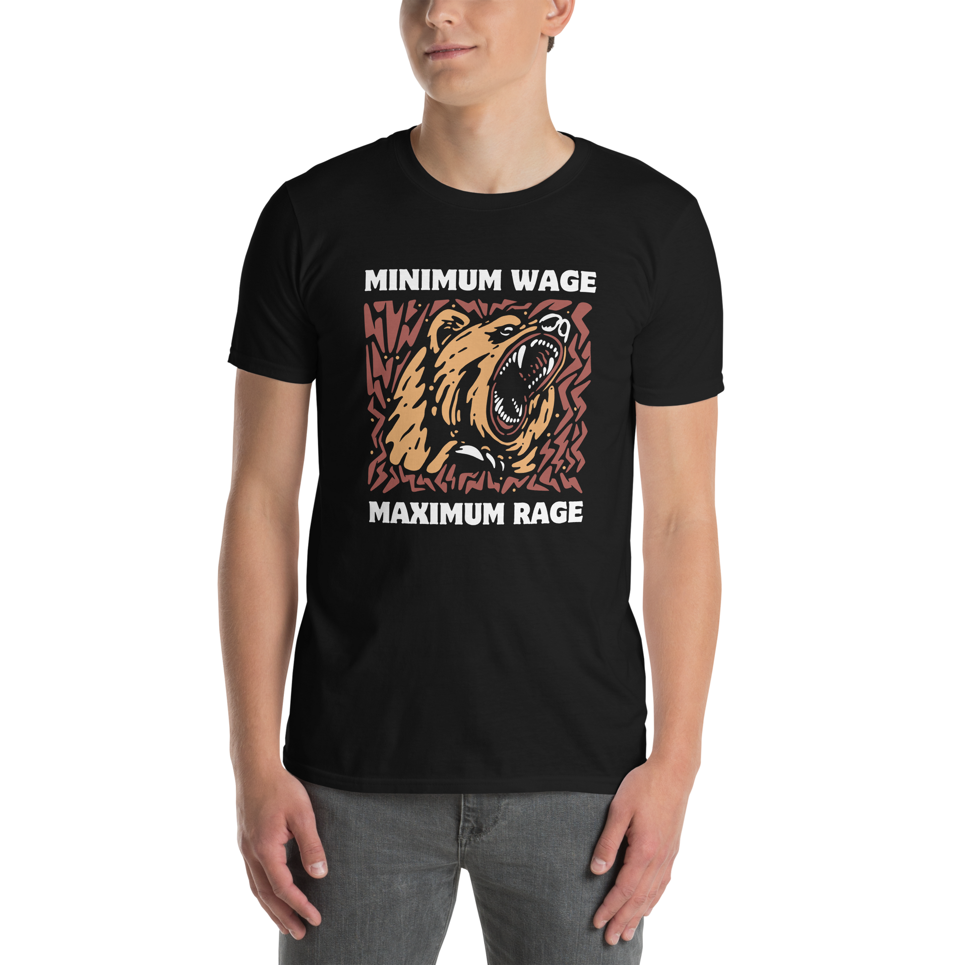 Man wearing a Funny Minimum Wage Maximum Rage Statement graphic t-shirt in black by Boozy Fox