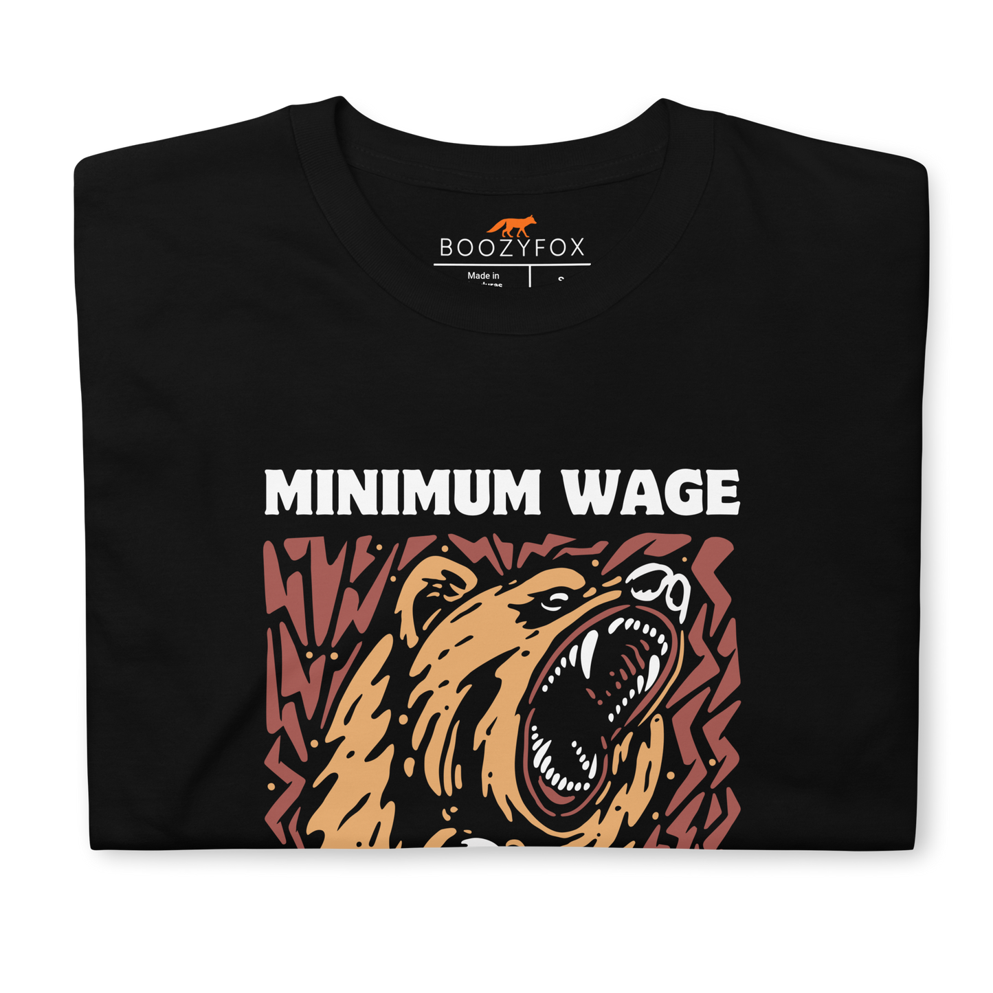 Front details of a Funny Minimum Wage Maximum Rage Statement graphic t-shirt in black by Boozy Fox