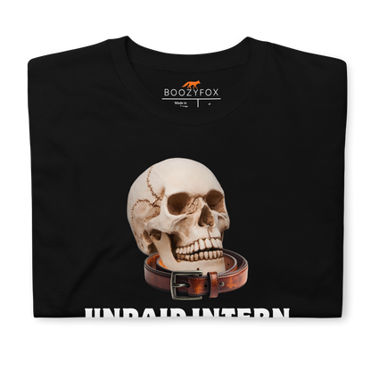 Front details of a Funny Unpaid Intern Skull graphic t-shirt in black by Boozy Fox