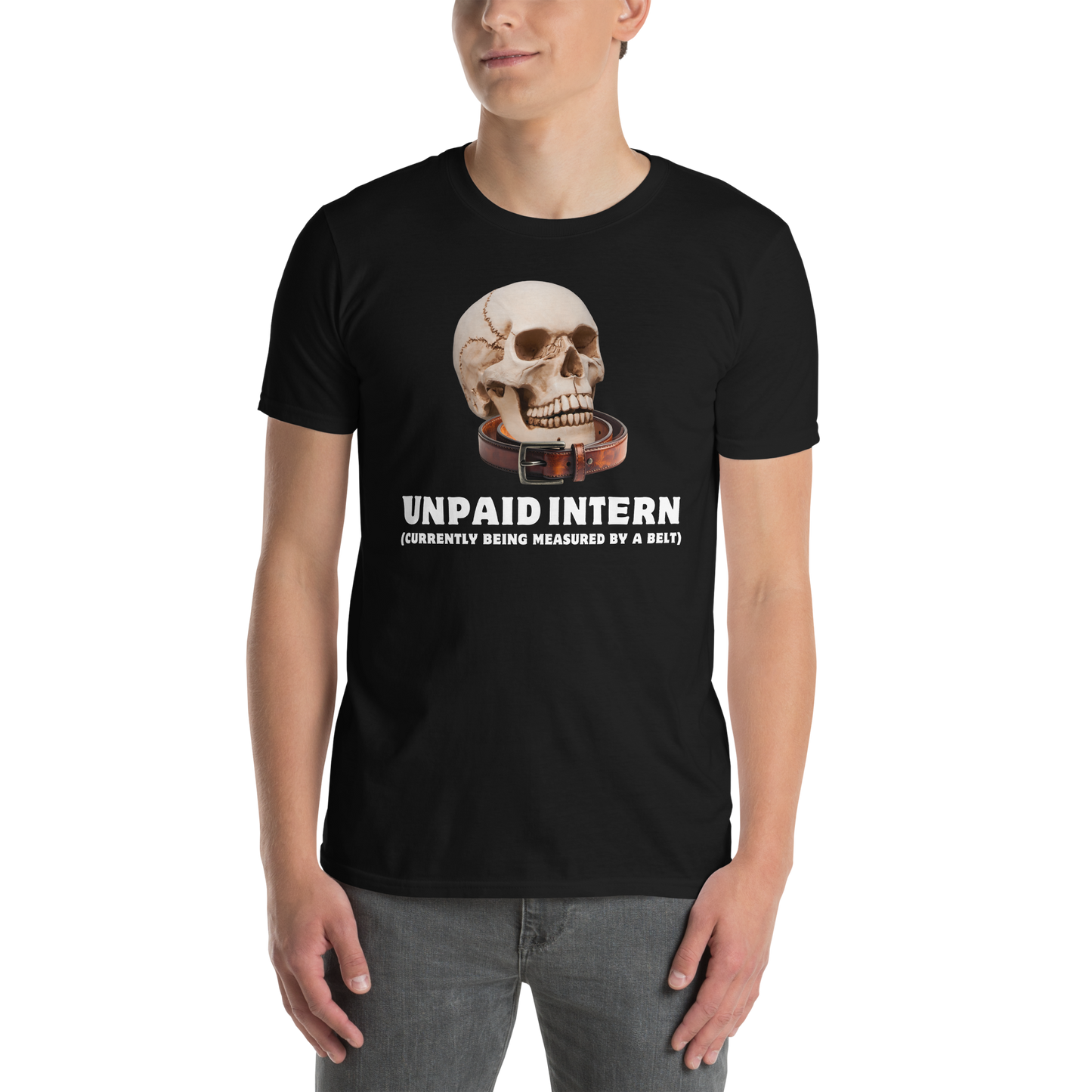 Man wearing a Funny Unpaid Intern Skull graphic t-shirt in black by Boozy Fox