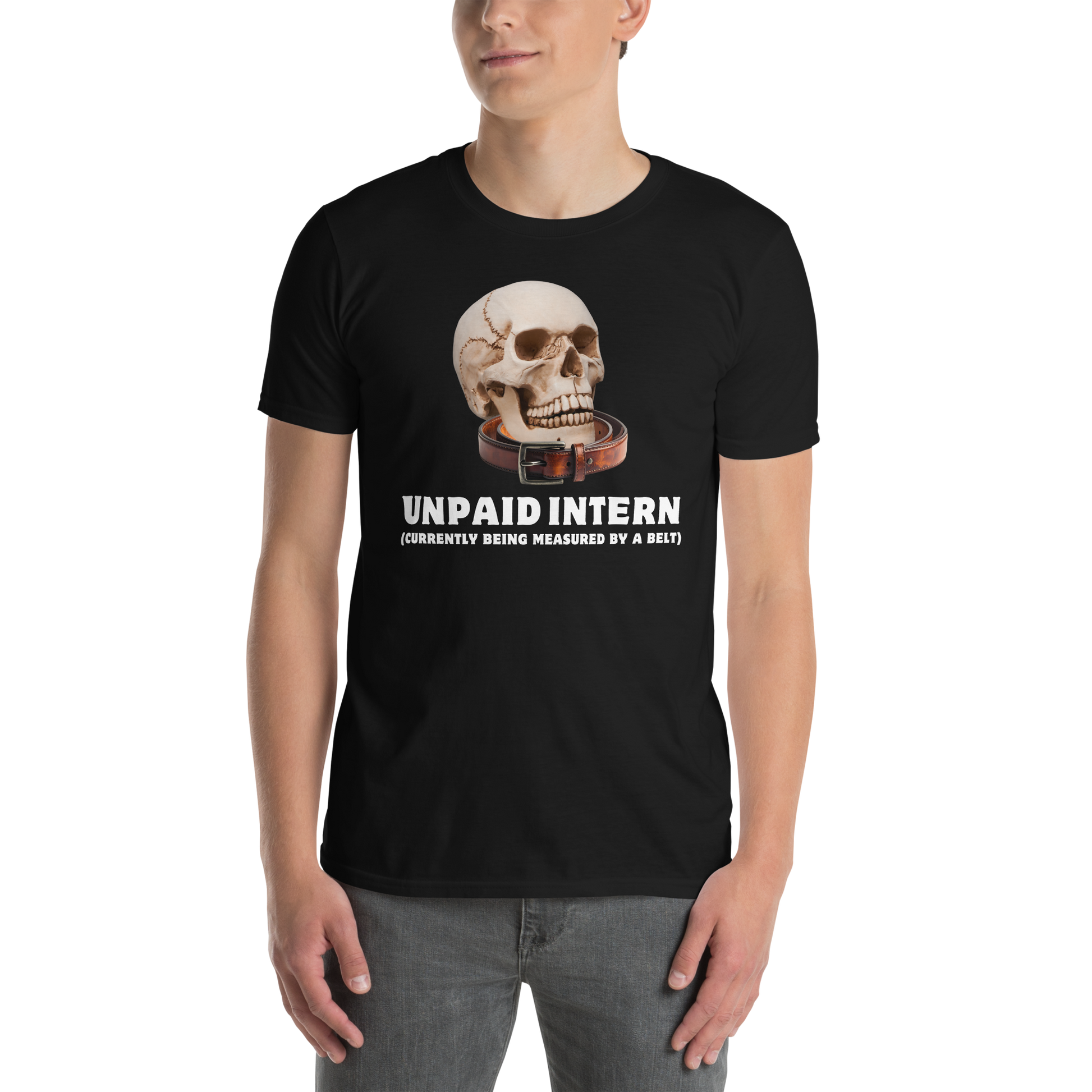 Man wearing a Funny Unpaid Intern Skull graphic t-shirt in black by Boozy Fox