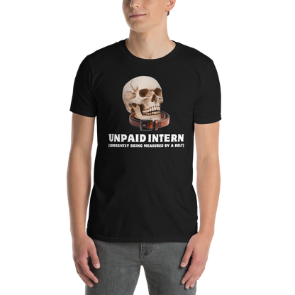 Man wearing a Funny Unpaid Intern Skull graphic t-shirt in black by Boozy Fox
