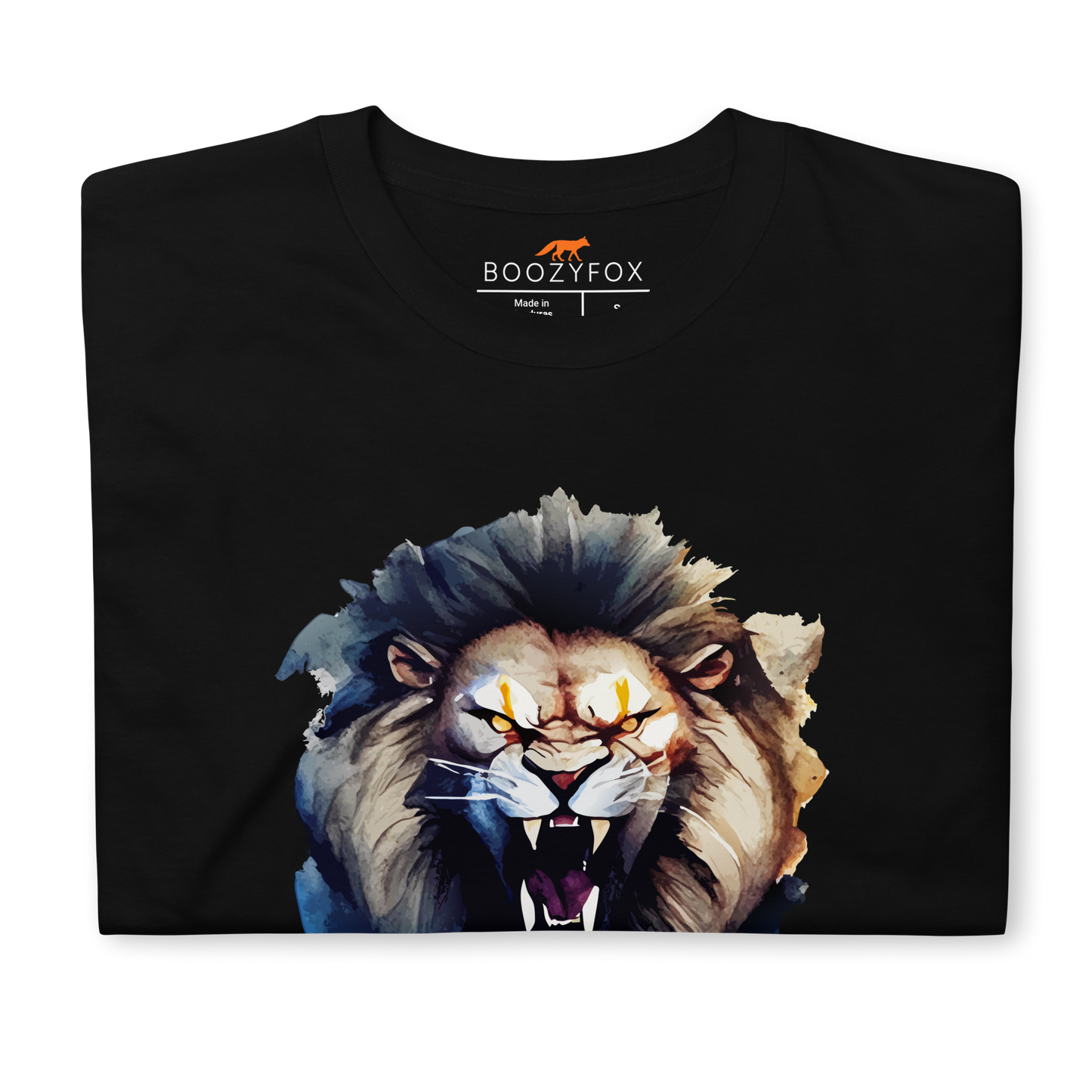 Front details of a Funny Born to Roar Lion graphic t-shirt in black by Boozy Fox