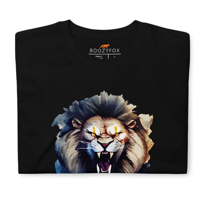 Front details of a Funny Born to Roar Lion graphic t-shirt in black by Boozy Fox