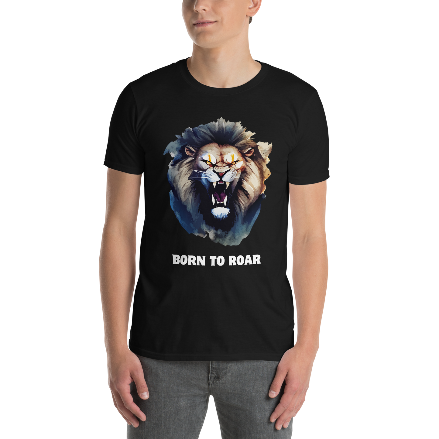Man wearing a Funny Born to Roar Lion graphic t-shirt in black by Boozy Fox