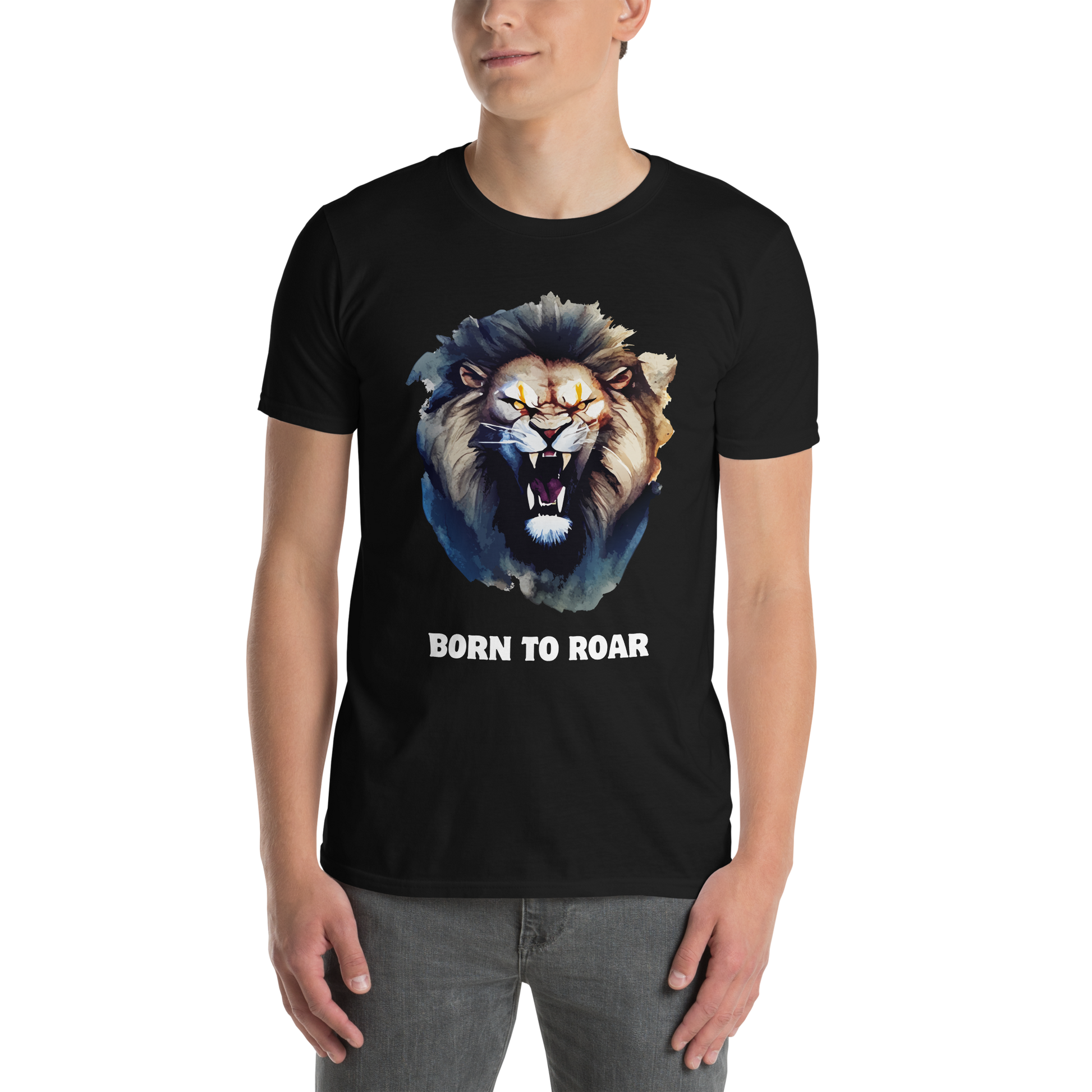Man wearing a Funny Born to Roar Lion graphic t-shirt in black by Boozy Fox