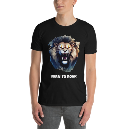 Man wearing a Funny Born to Roar Lion graphic t-shirt in black by Boozy Fox