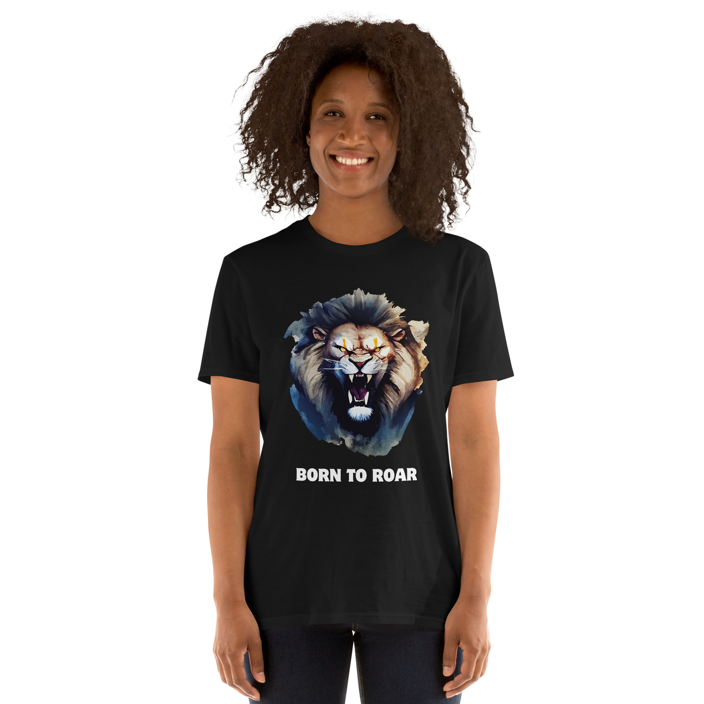 Woman wearing a Funny Born to Roar Lion graphic t-shirt in black by Boozy Fox
