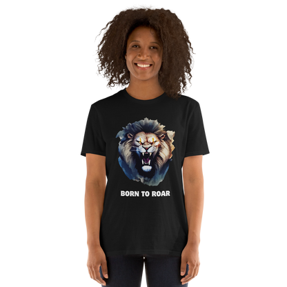 Woman wearing a Funny Born to Roar Lion graphic t-shirt in black by Boozy Fox