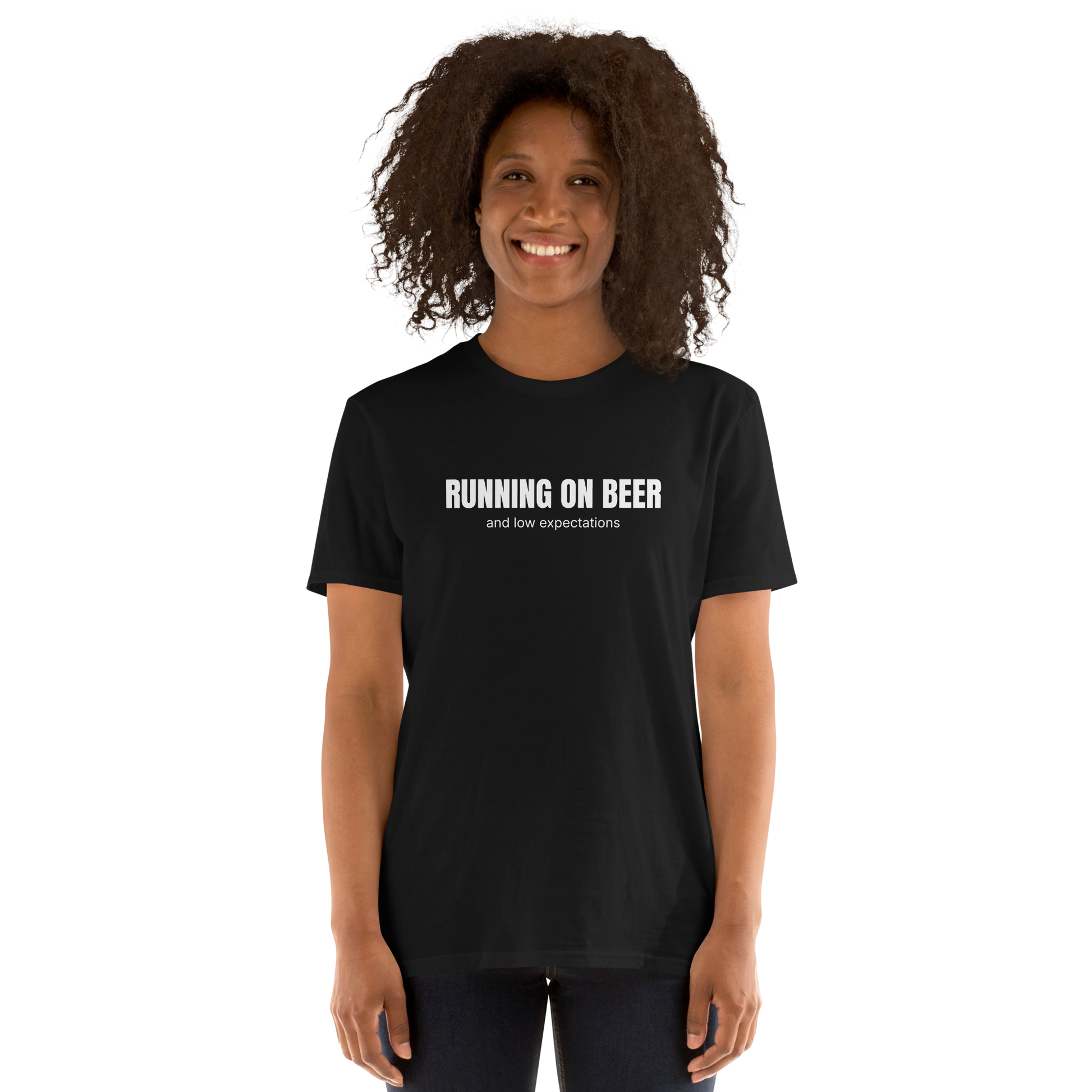 Woman wearing a Funny Running on Beer graphic t-shirt in black by Boozy Fox