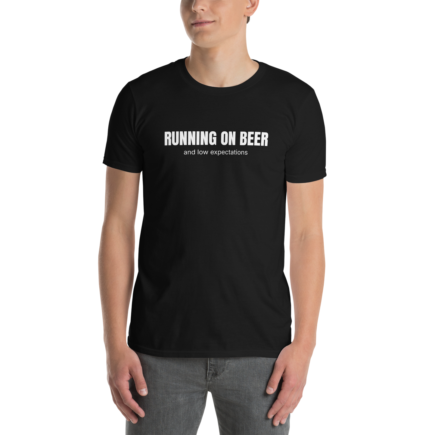 Man wearing a Funny Running on Beer graphic t-shirt in black by Boozy Fox