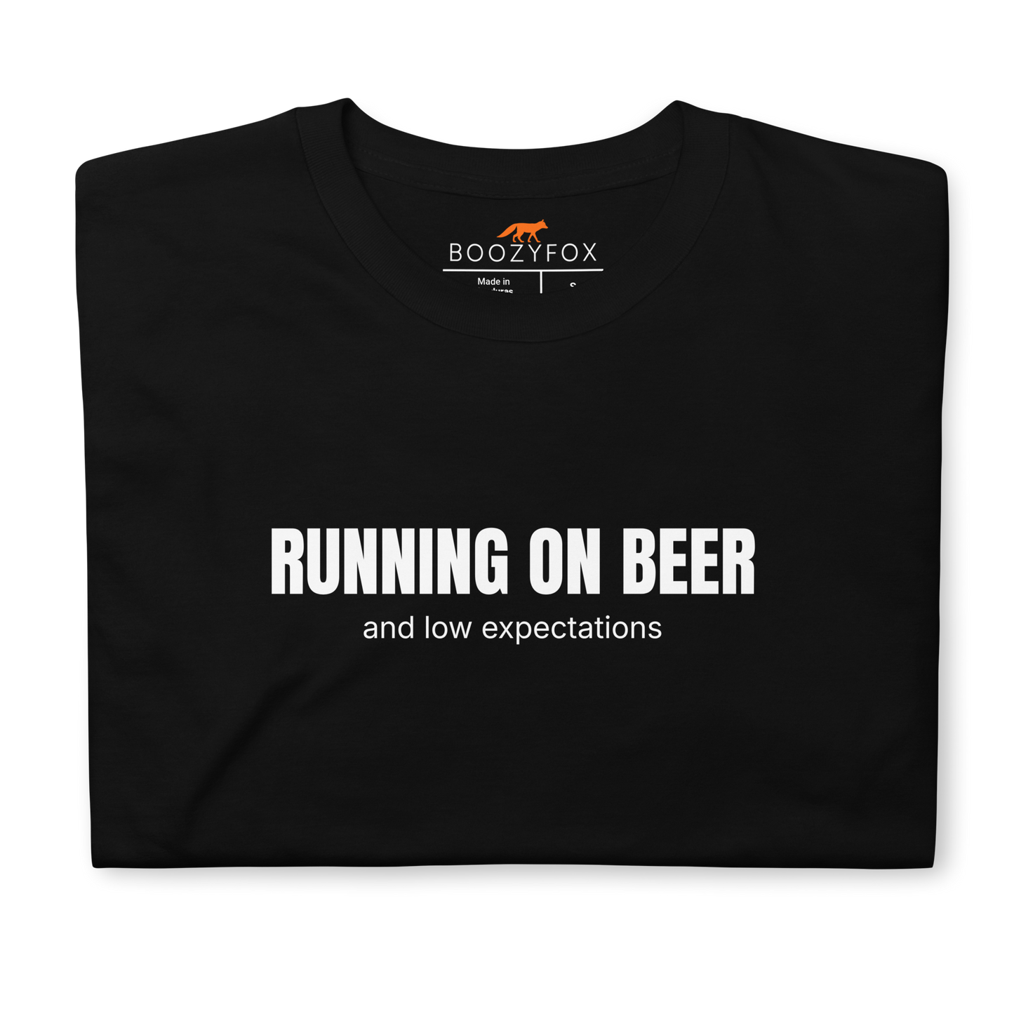 Front details of a Funny Running on Beer graphic t-shirt in black by Boozy Fox