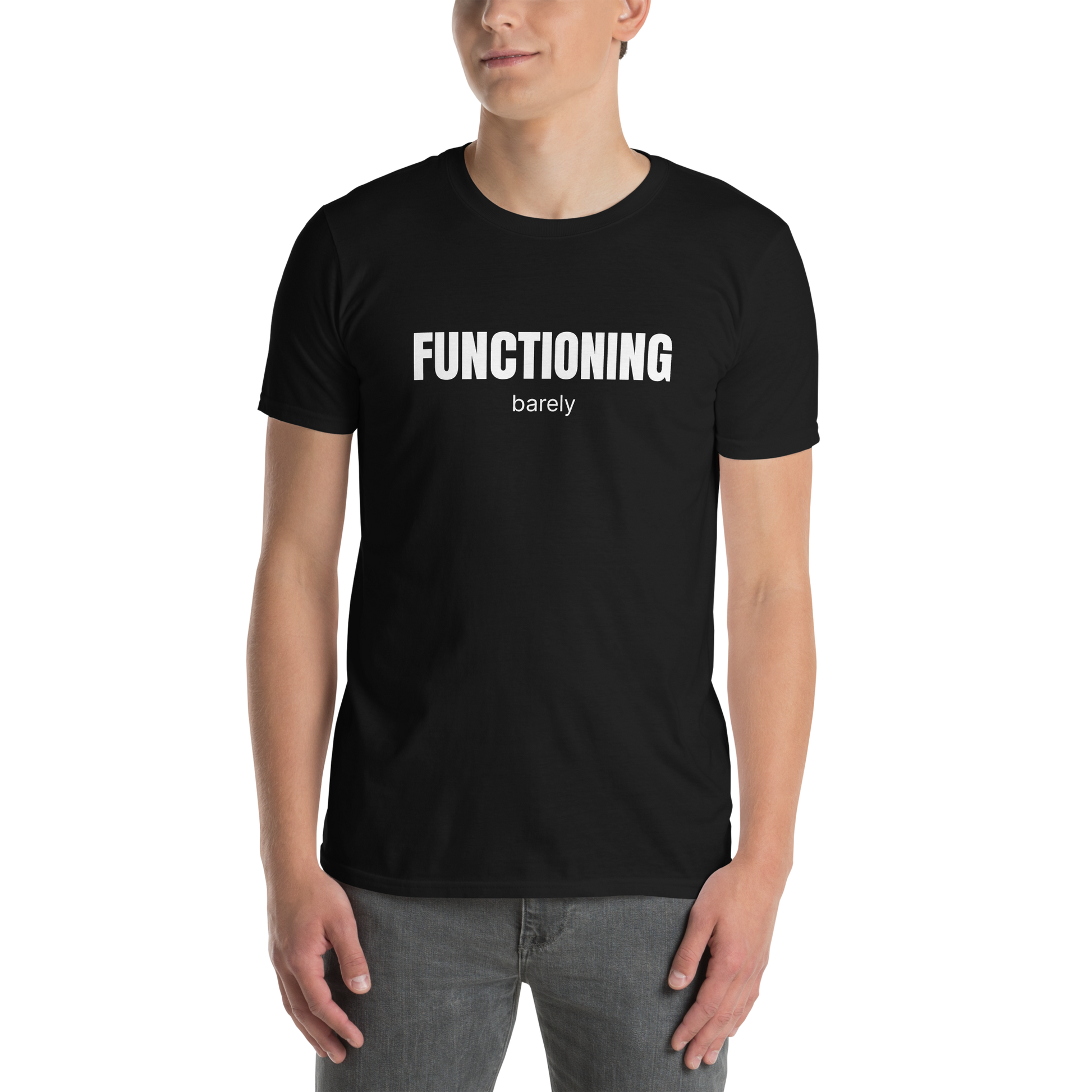 Man wearing a Funny Barely Functioning graphic t-shirt in black by Boozy Fox