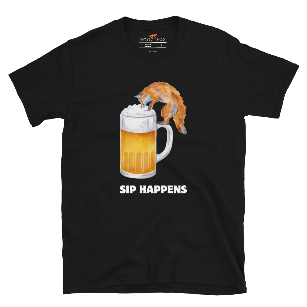 Funny Sip Happens Fox beer graphic t-shirt in black by Boozy Fox