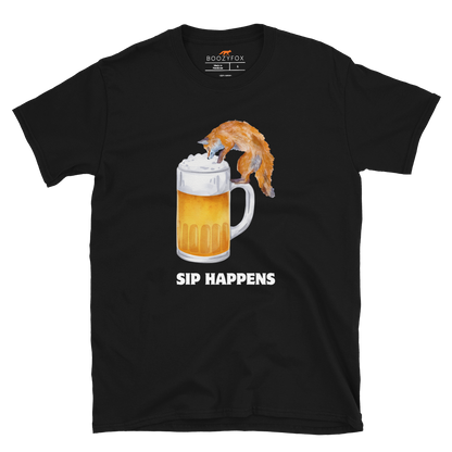 Funny Sip Happens Fox beer graphic t-shirt in black by Boozy Fox