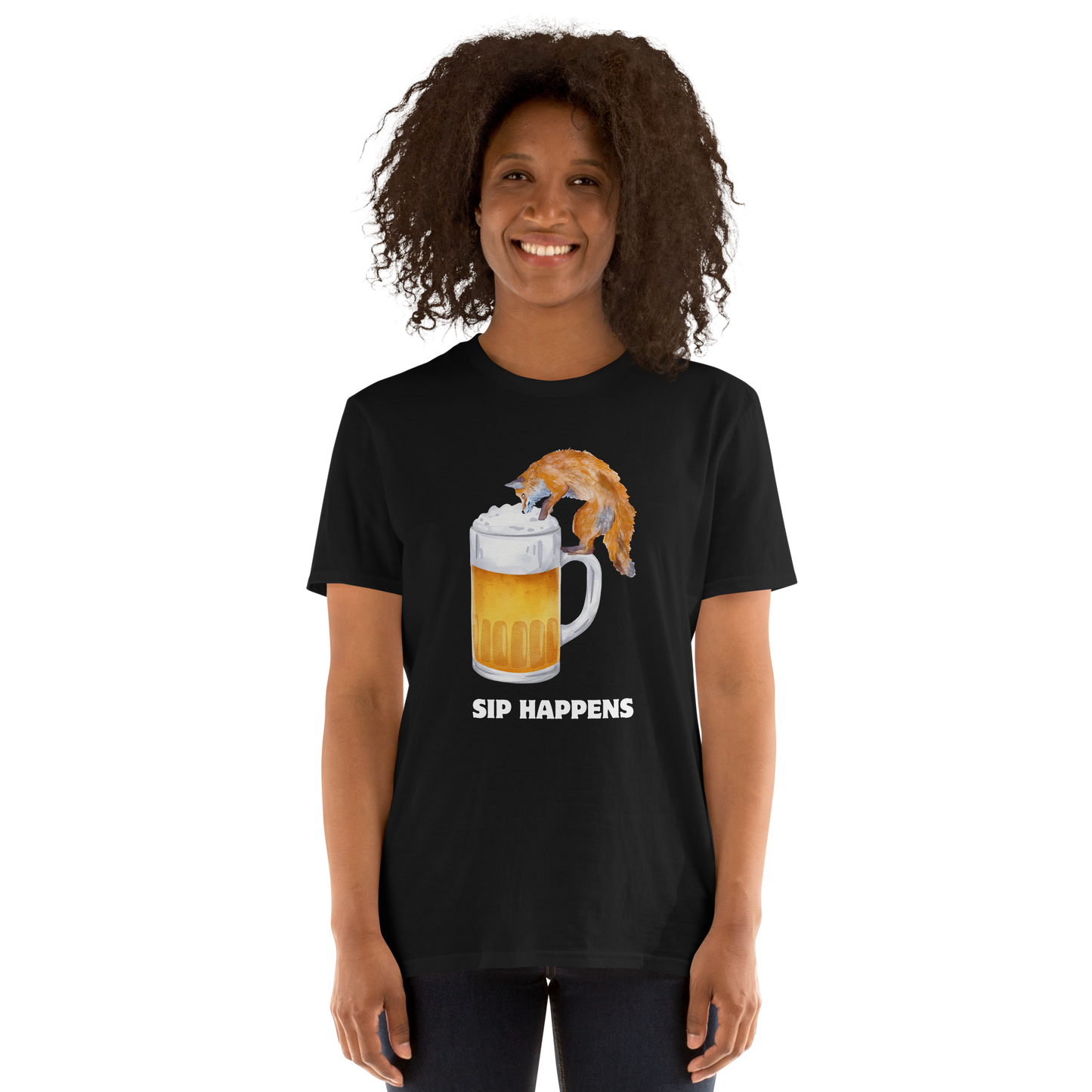 Woman wearing a Funny Sip Happens Fox beer graphic t-shirt in black by Boozy Fox