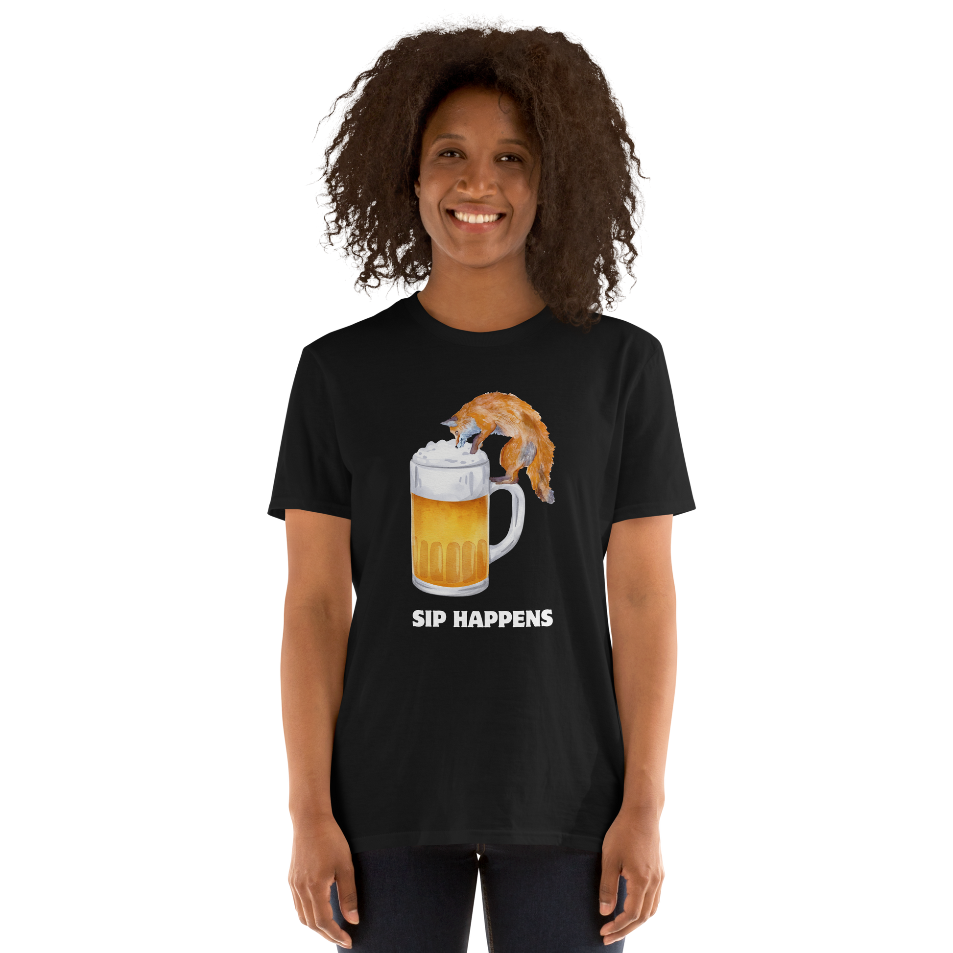 Woman wearing a Funny Sip Happens Fox beer graphic t-shirt in black by Boozy Fox