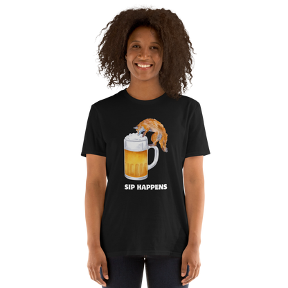 Woman wearing a Funny Sip Happens Fox beer graphic t-shirt in black by Boozy Fox