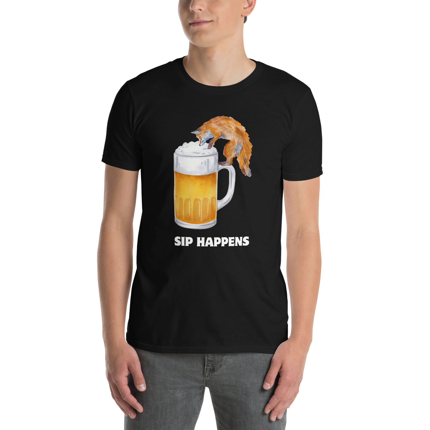Man wearing a Funny Sip Happens Fox beer graphic t-shirt in black by Boozy Fox