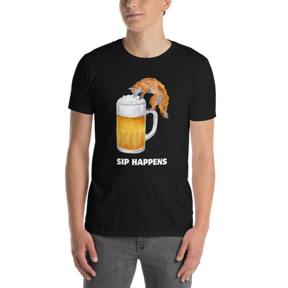 Man wearing a Funny Sip Happens Fox beer graphic t-shirt in black by Boozy Fox