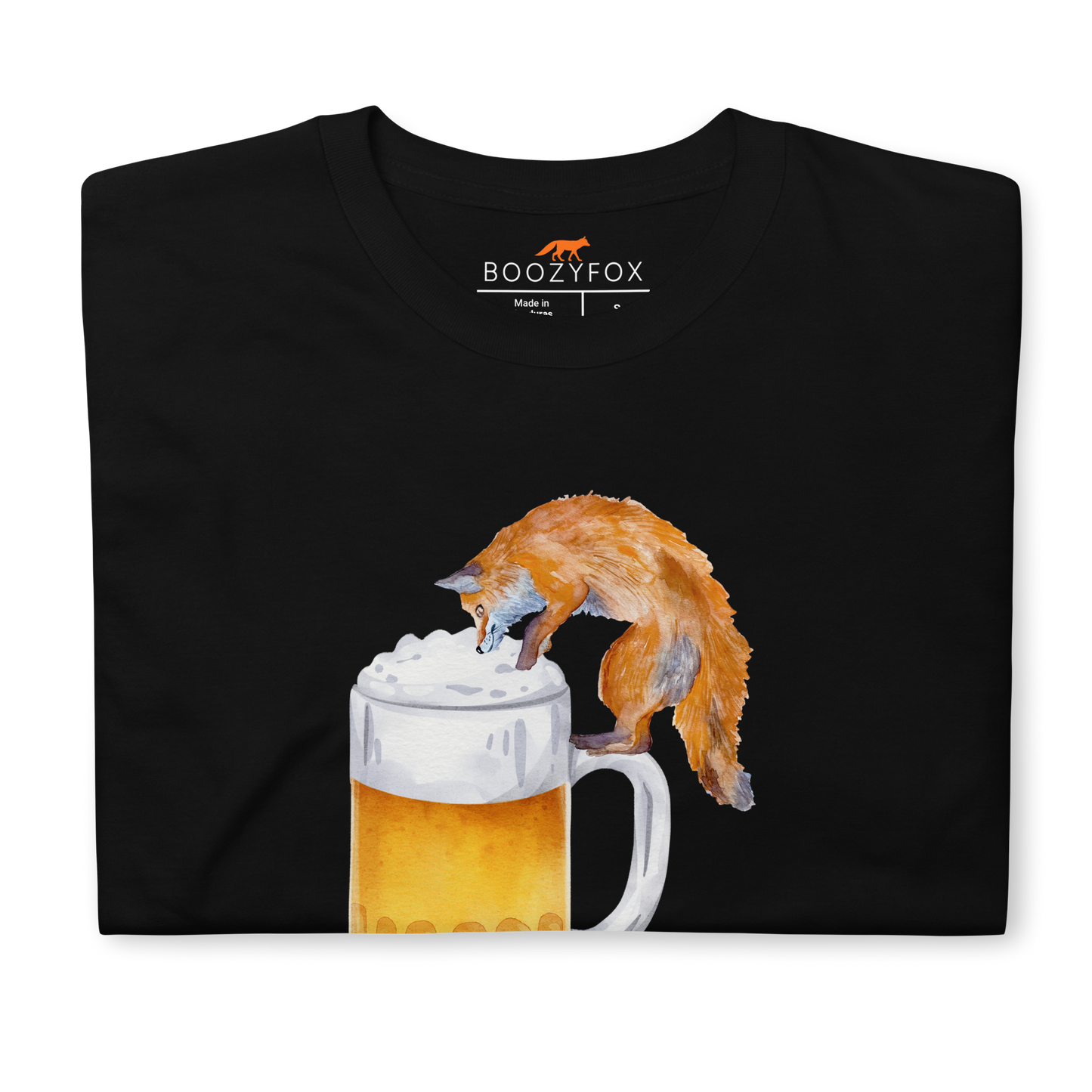 Front details of a Funny Sip Happens Fox beer graphic t-shirt in black by Boozy Fox