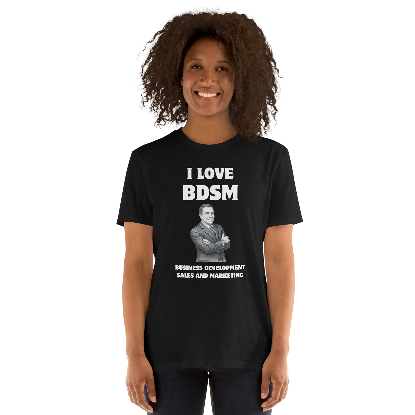 Woman wearing a Funny BDSM Business Development Office & Marketing graphic t-shirt in black by Boozy Fox