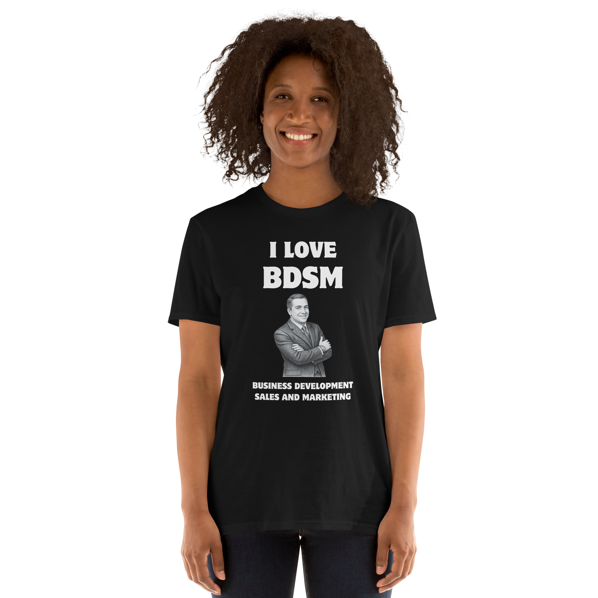Woman wearing a Funny BDSM Business Development Office & Marketing graphic t-shirt in black by Boozy Fox