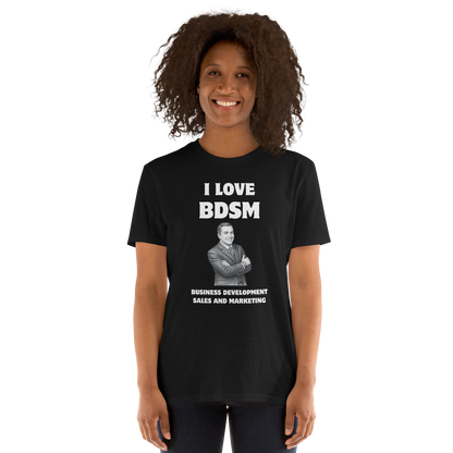 Woman wearing a Funny BDSM Business Development Office & Marketing graphic t-shirt in black by Boozy Fox