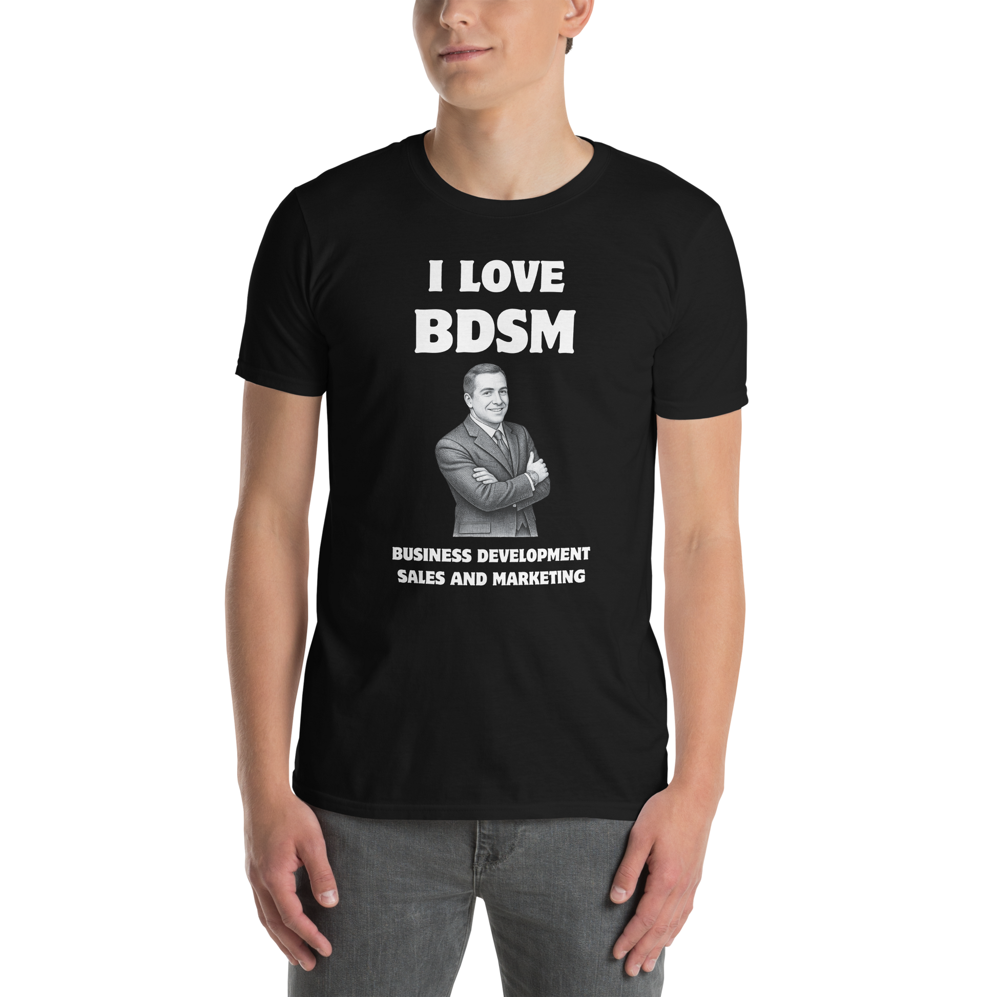 Man wearing a Funny BDSM Business Development Office & Marketing graphic t-shirt in black by Boozy Fox