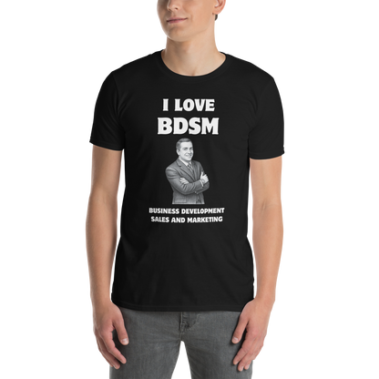 Man wearing a Funny BDSM Business Development Office & Marketing graphic t-shirt in black by Boozy Fox