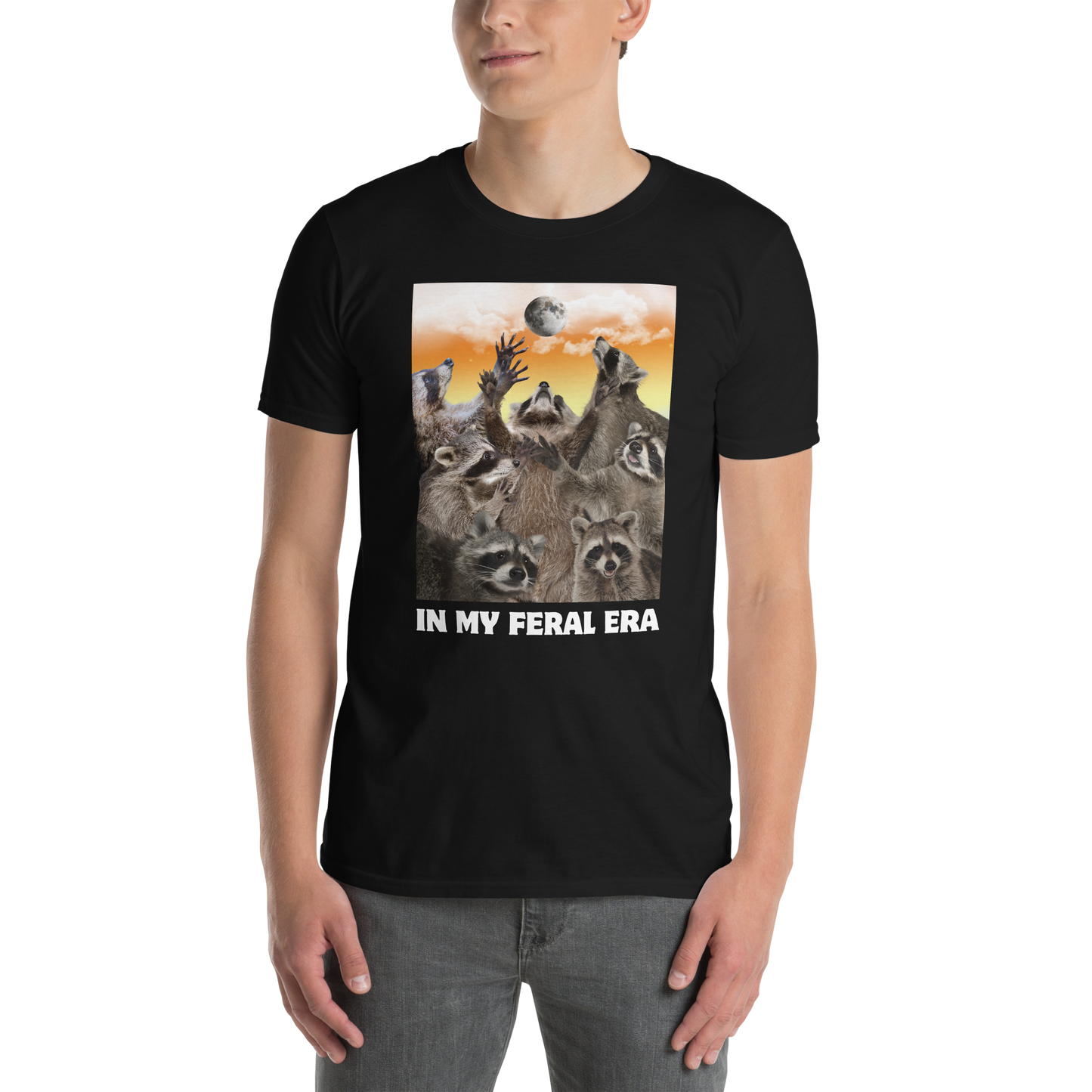 Man wearing a Funny In My Feral Era Raccoon graphic t-shirt in black by Boozy Fox