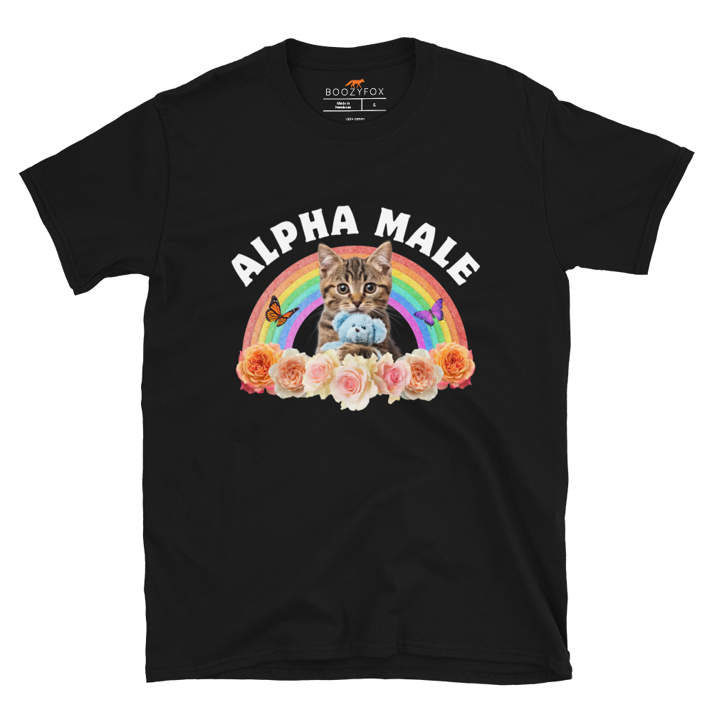 Funny Alpha Male Cat rainbow roses graphic t-shirt in black by Boozy Fox