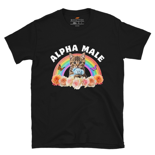 Funny Alpha Male Cat rainbow roses graphic t-shirt in black by Boozy Fox