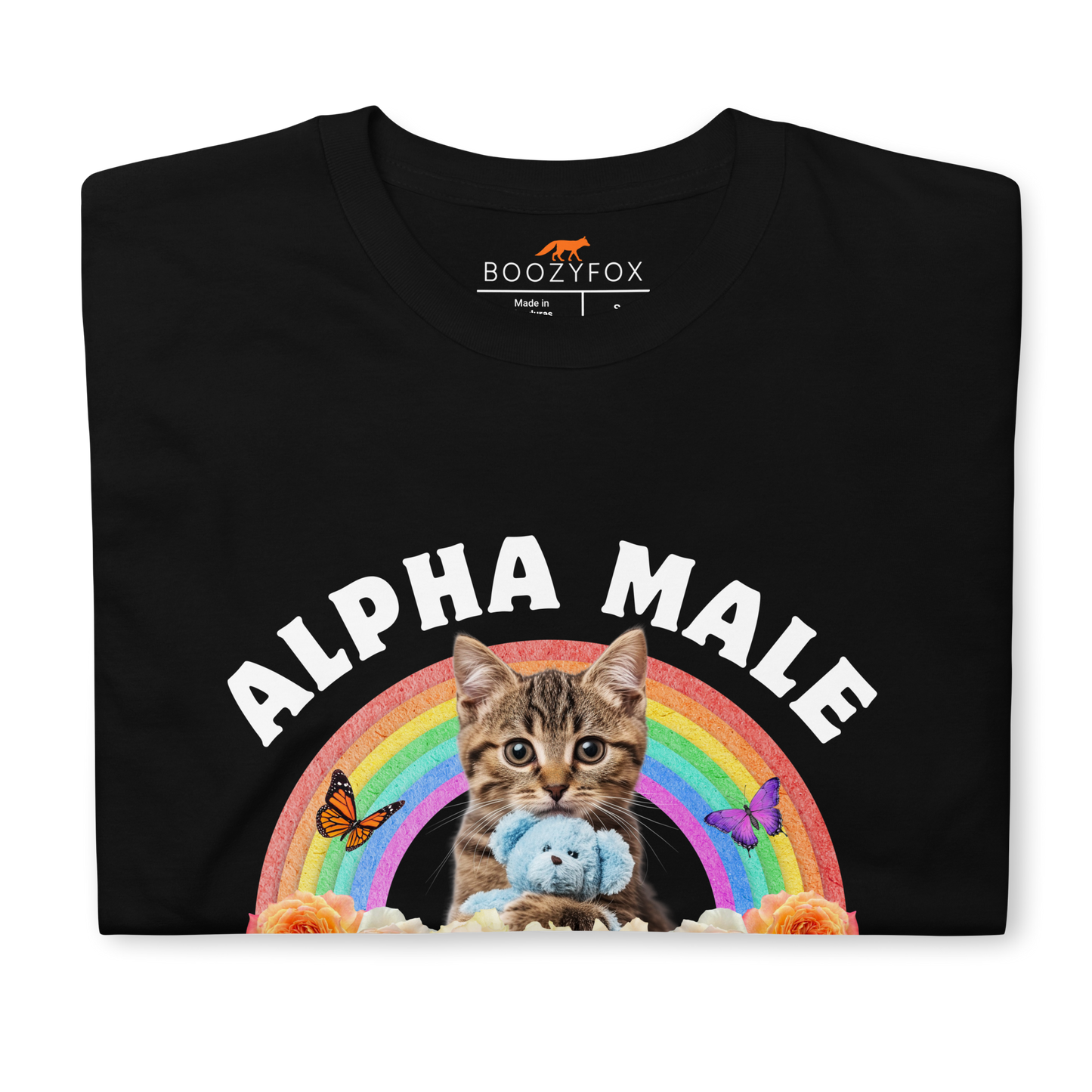 Front details of a Funny Alpha Male Cat rainbow roses graphic t-shirt in black by Boozy Fox