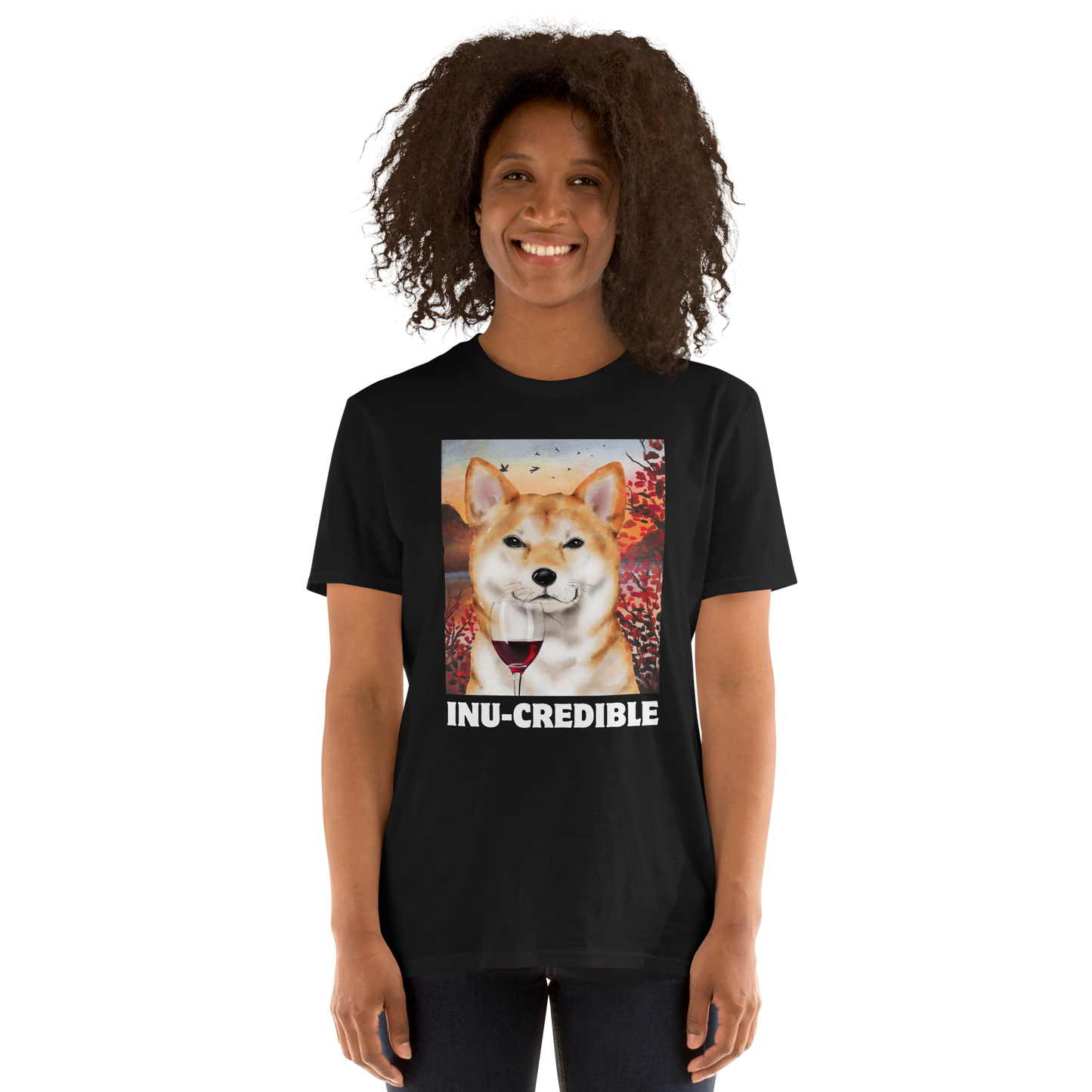 Woman wearing a Funny Shiba Inu graphic t-shirt in black by Boozy Fox