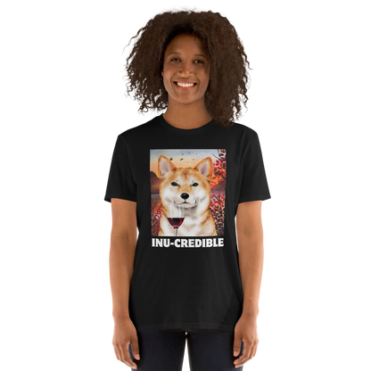Woman wearing a Funny Shiba Inu graphic t-shirt in black by Boozy Fox