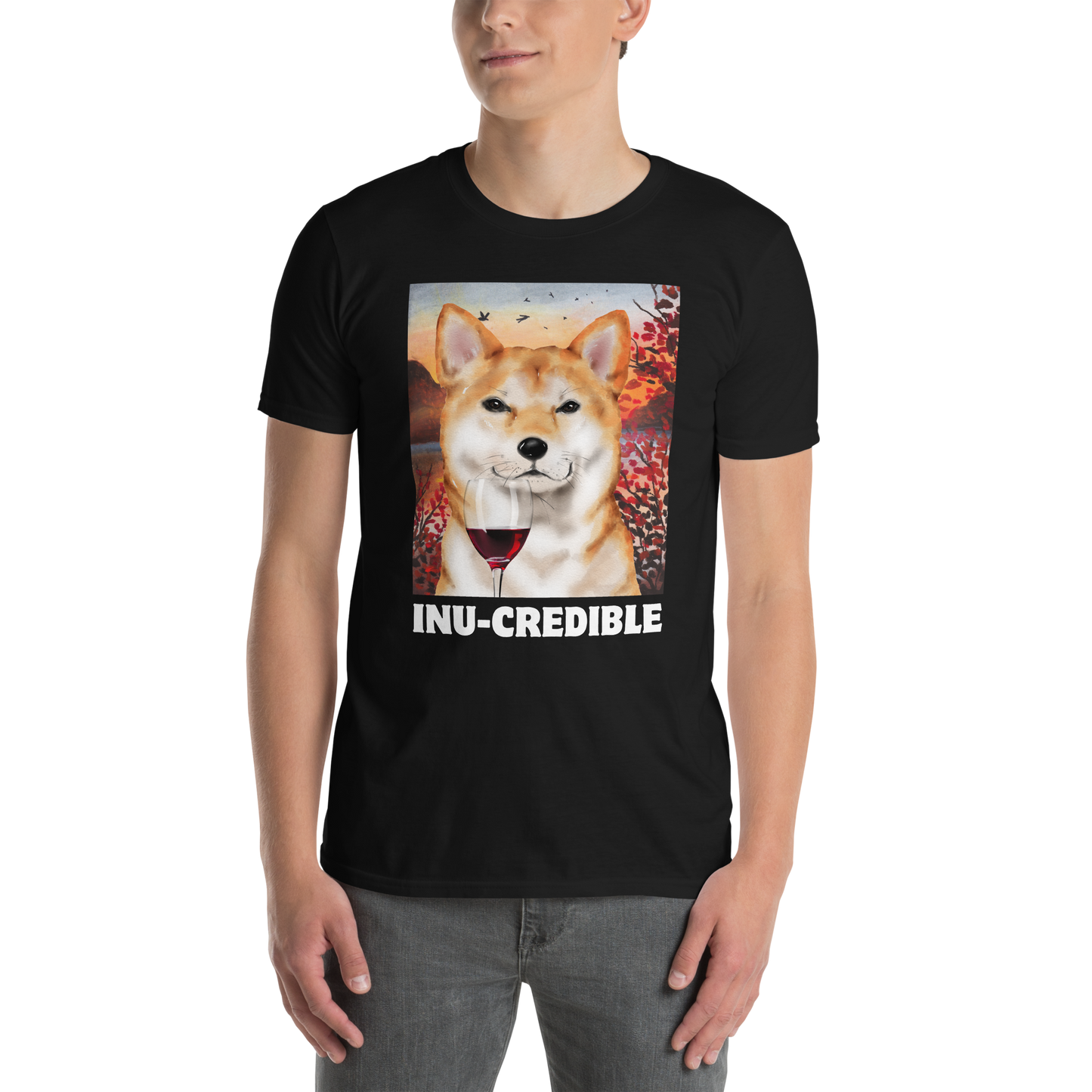 Man wearing a Funny Shiba Inu graphic t-shirt in black by Boozy Fox