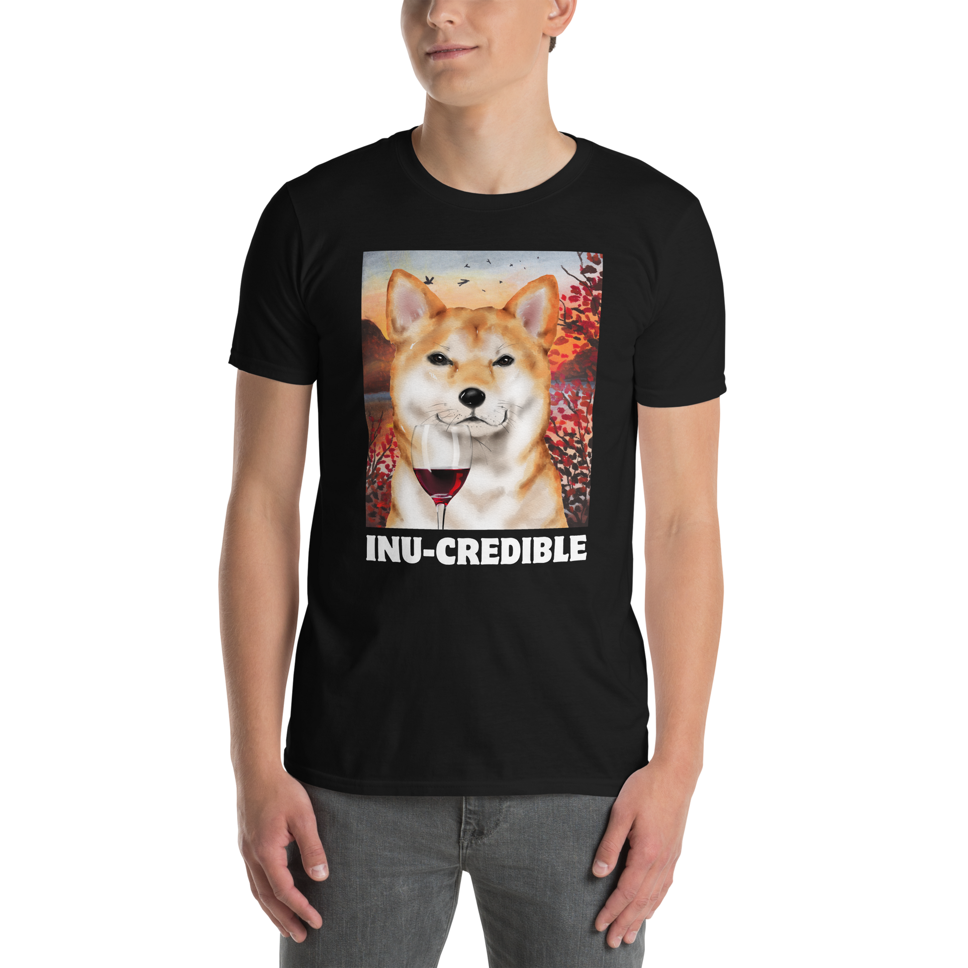 Man wearing a Funny Shiba Inu graphic t-shirt in black by Boozy Fox