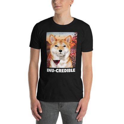 Man wearing a Funny Shiba Inu graphic t-shirt in black by Boozy Fox
