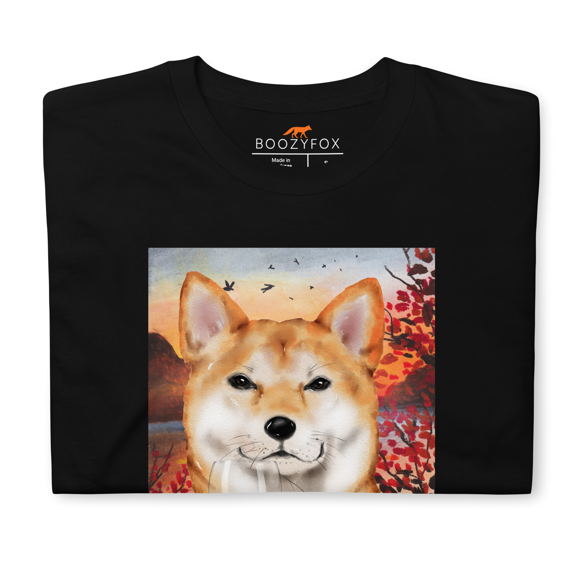 Front details of a Funny Shiba Inu graphic t-shirt in black by Boozy Fox