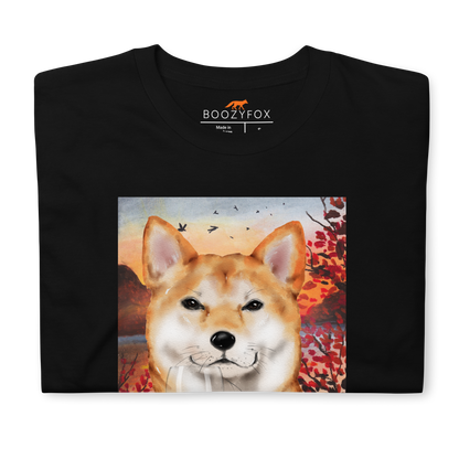Front details of a Funny Shiba Inu graphic t-shirt in black by Boozy Fox
