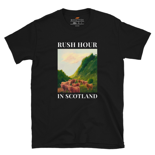 Funny Highland Cow Rush Hour in Scotland graphic t-shirt in black by Boozy Fox