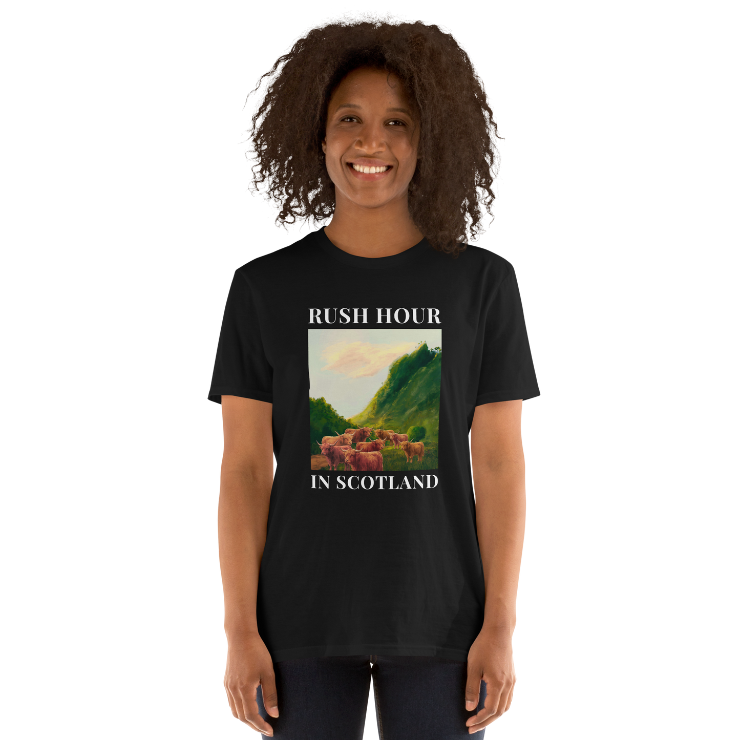 Woman wearing a Funny Highland Cow Rush Hour in Scotland graphic t-shirt in black by Boozy Fox