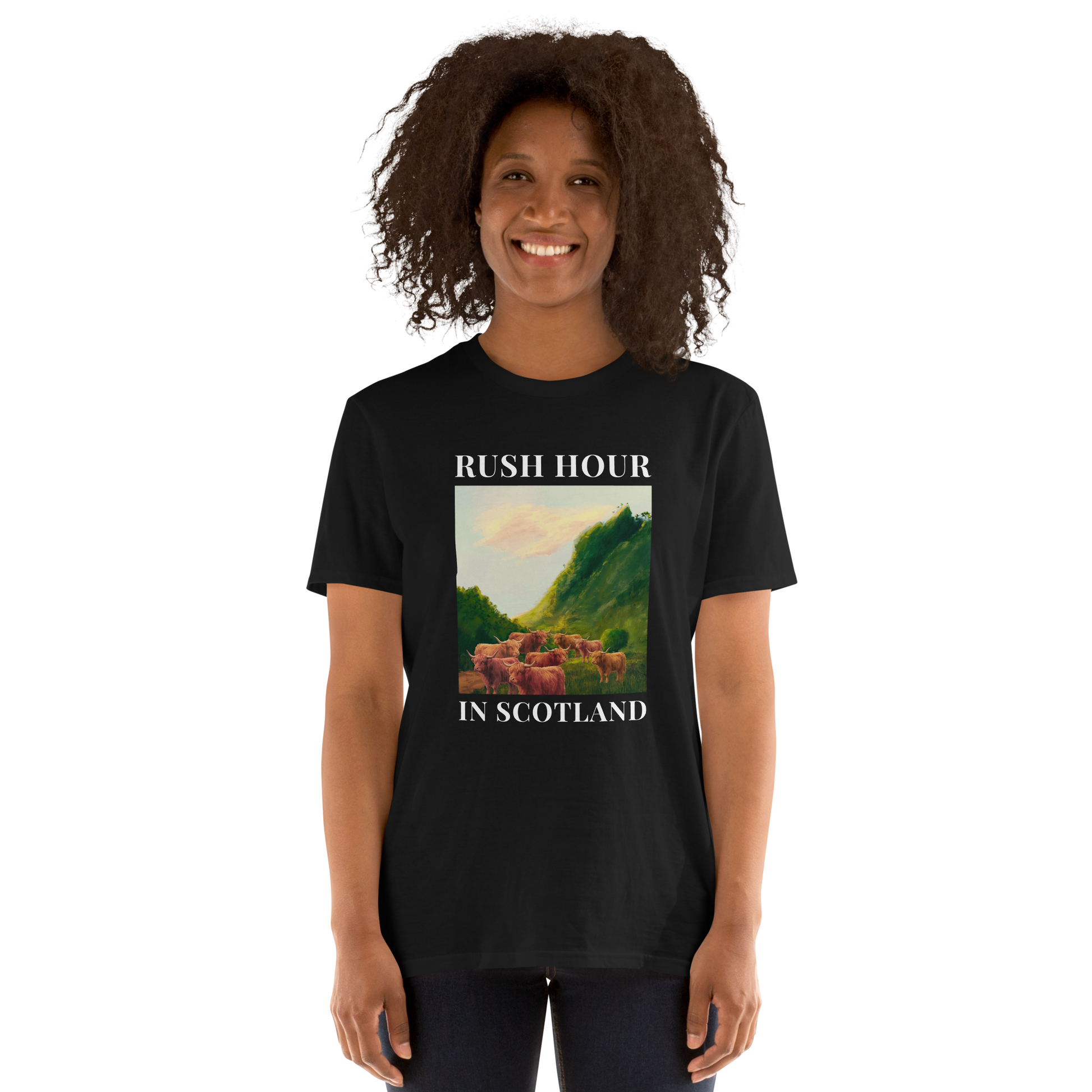 Woman wearing a Funny Highland Cow Rush Hour in Scotland graphic t-shirt in black by Boozy Fox