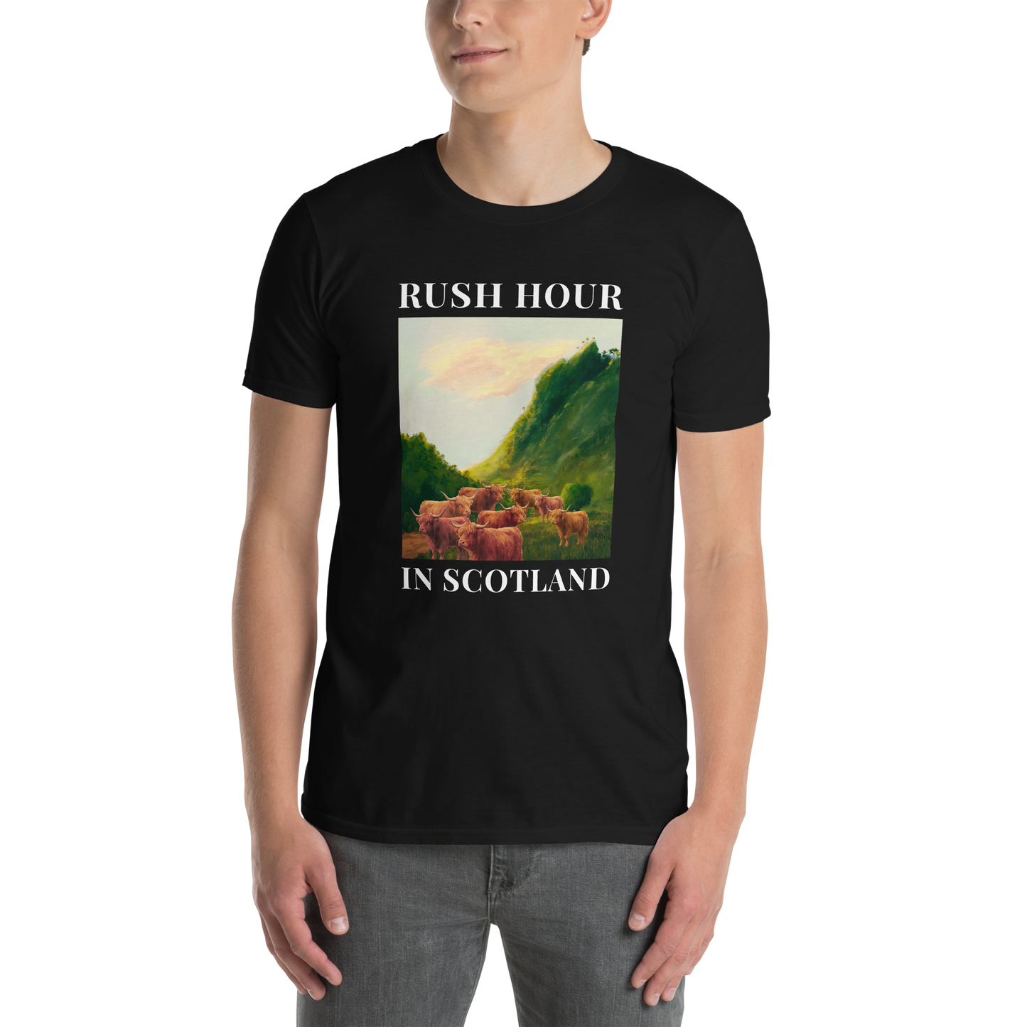 Man wearing a Funny Highland Cow Rush Hour in Scotland graphic t-shirt in black by Boozy Fox