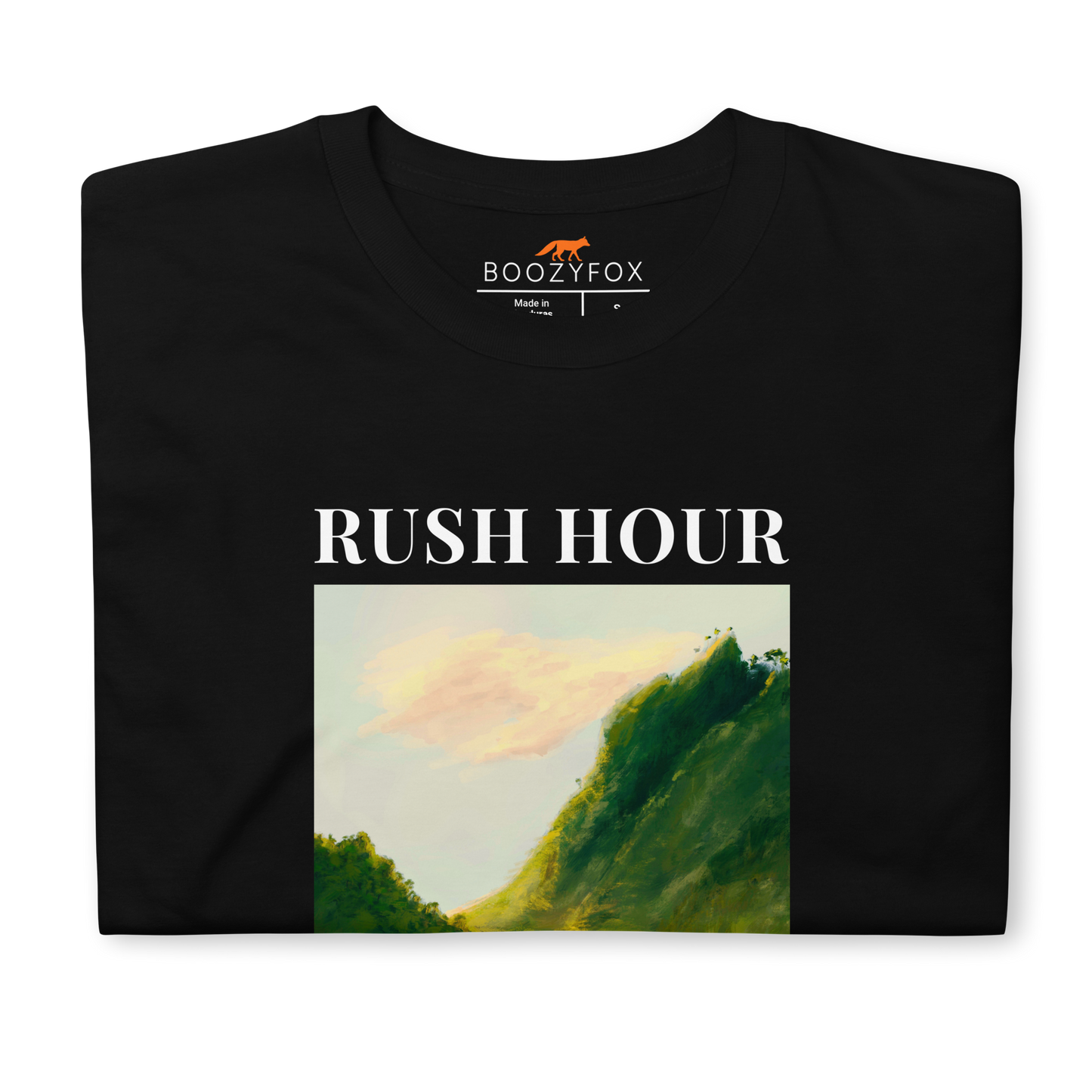 Front details of a Funny Highland Cow Rush Hour in Scotland graphic t-shirt in black by Boozy Fox