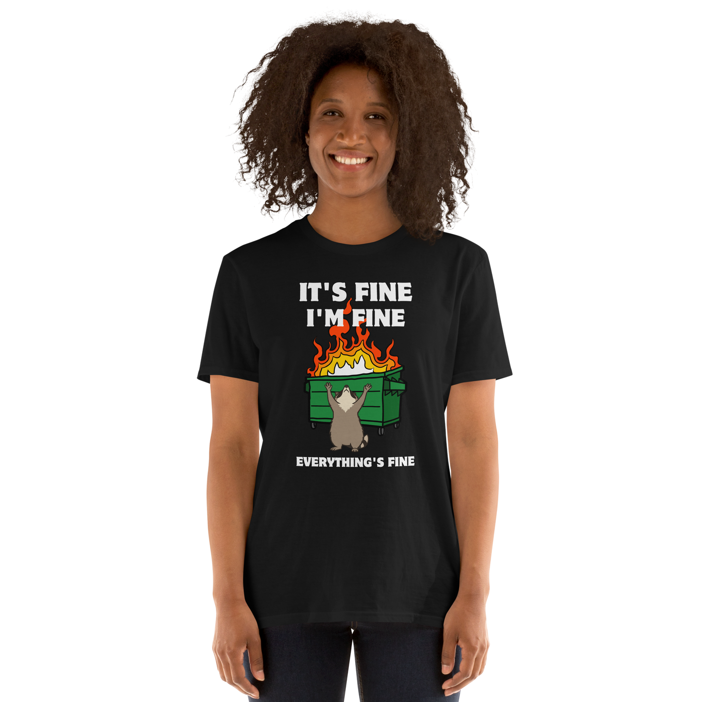 Woman wearing a Funny Dumpster Fire Raccoon graphic t-shirt in black by Boozy Fox