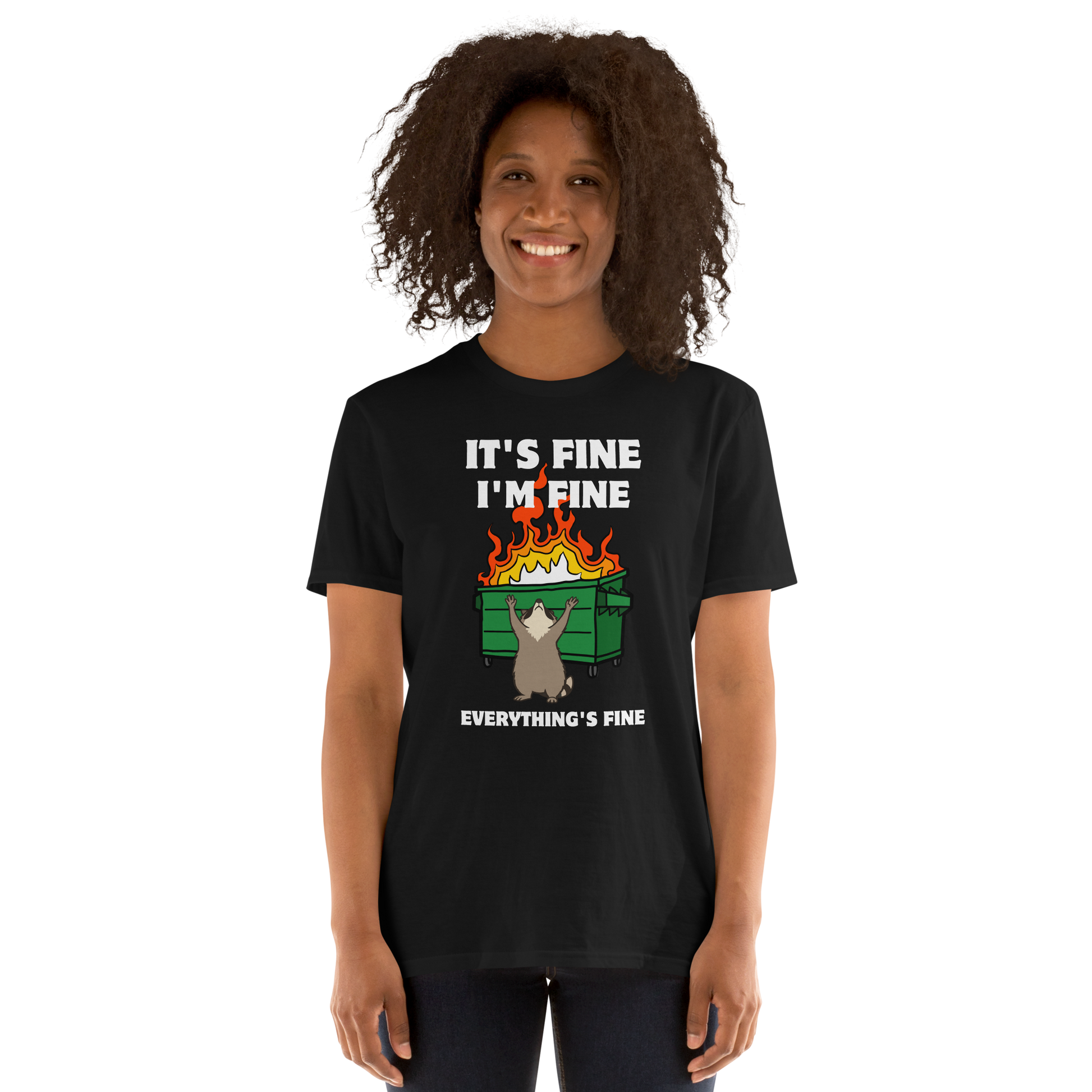 Woman wearing a Funny Dumpster Fire Raccoon graphic t-shirt in black by Boozy Fox